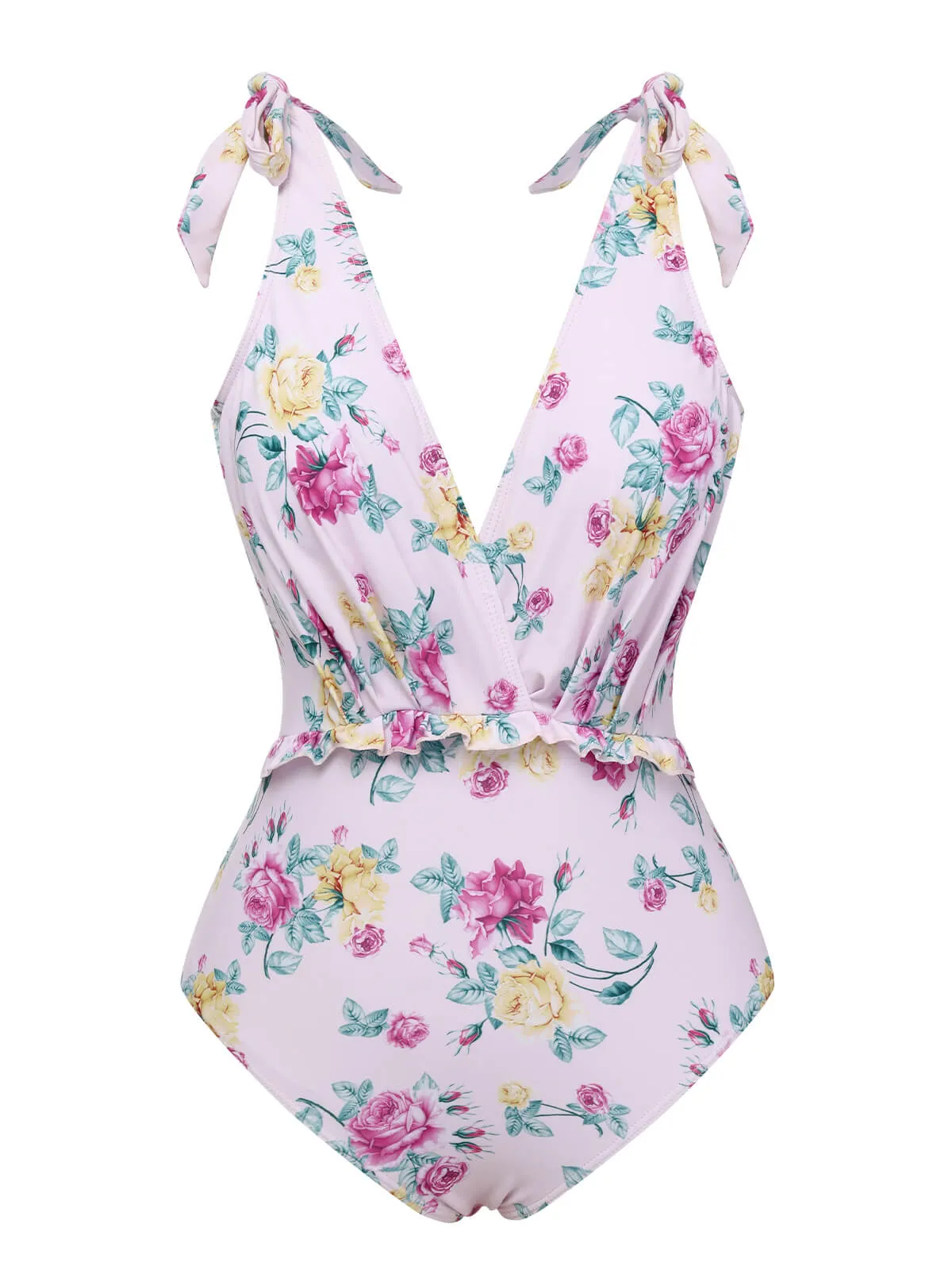 Lavender 1940s Floral Shoulder Tie Swimsuit sold by Retro Stage