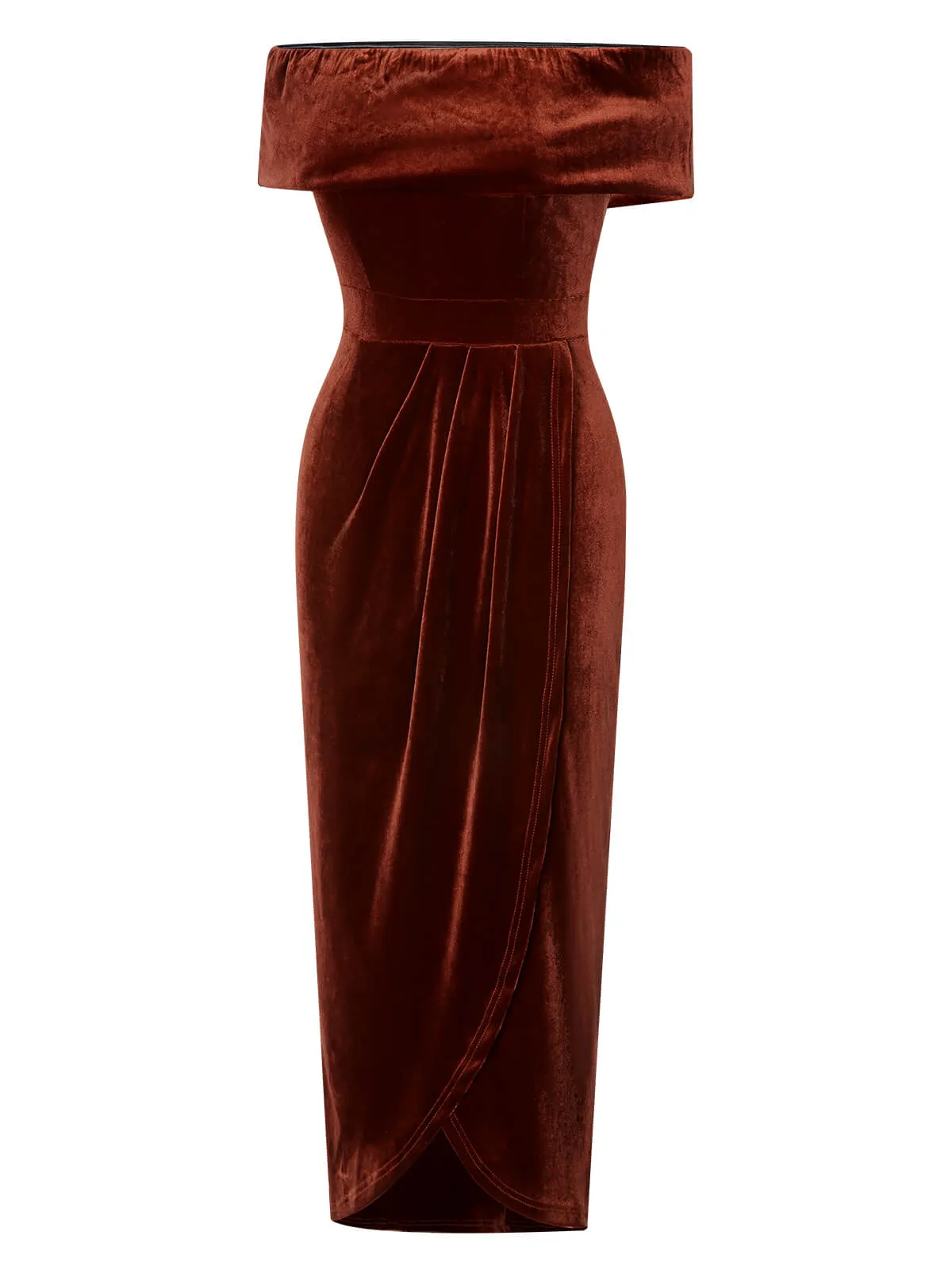 Caramel Color 1960s Off-Shoulder Tulip Velvet Dress sold by Retro Stage product image thumbnail 3