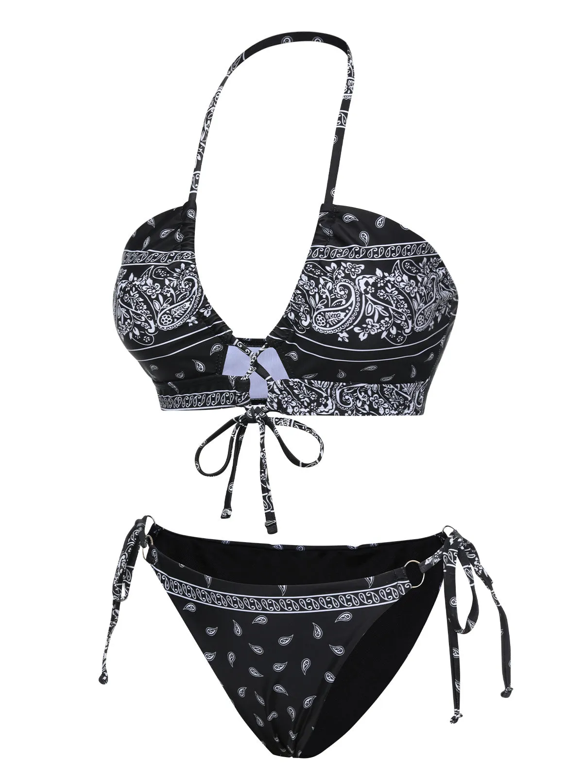 Black 1930s Cashew Flowers Lace-Up Bikini Set sold by Retro Stage product image thumbnail 2