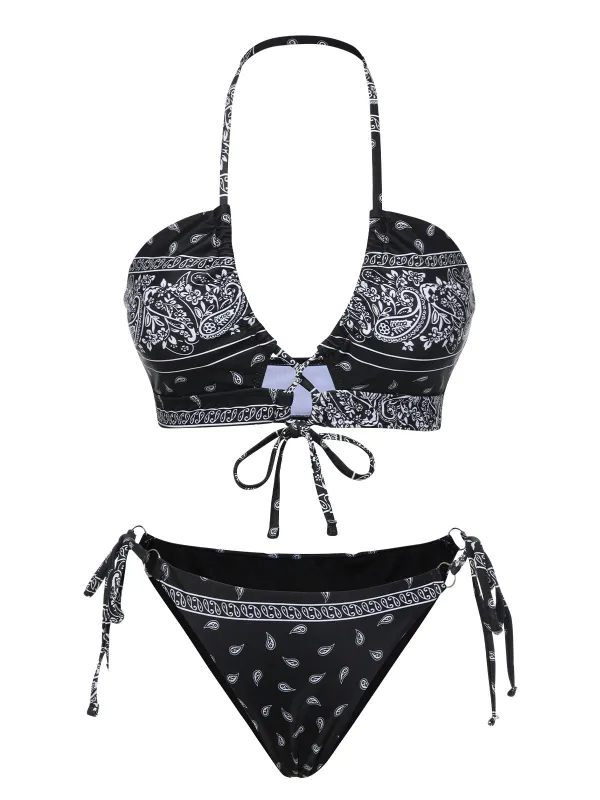 Black 1930s Cashew Flowers Lace-Up Bikini Set sold by Retro Stage