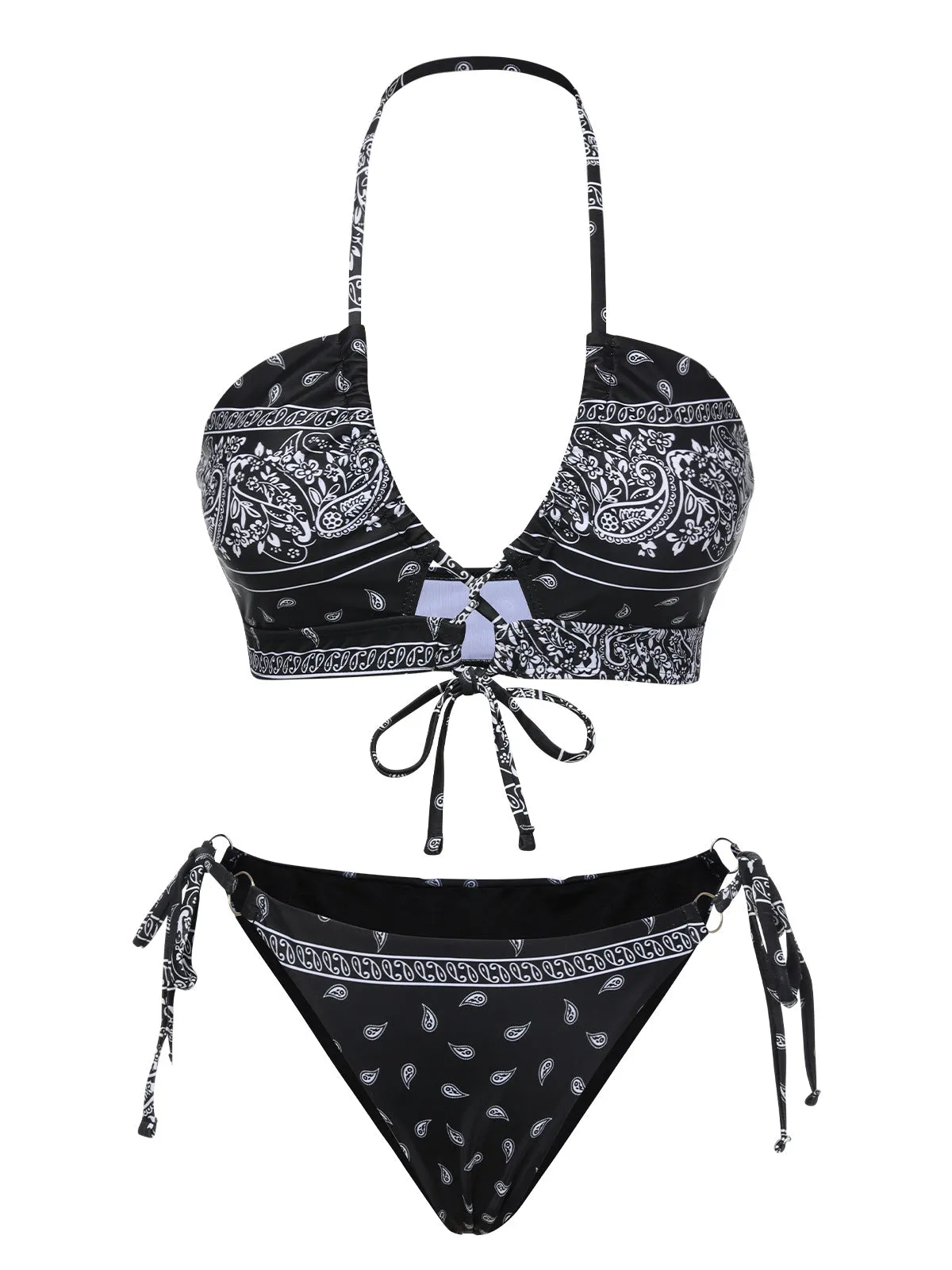 Black 1930s Cashew Flowers Lace-Up Bikini Set sold by Retro Stage