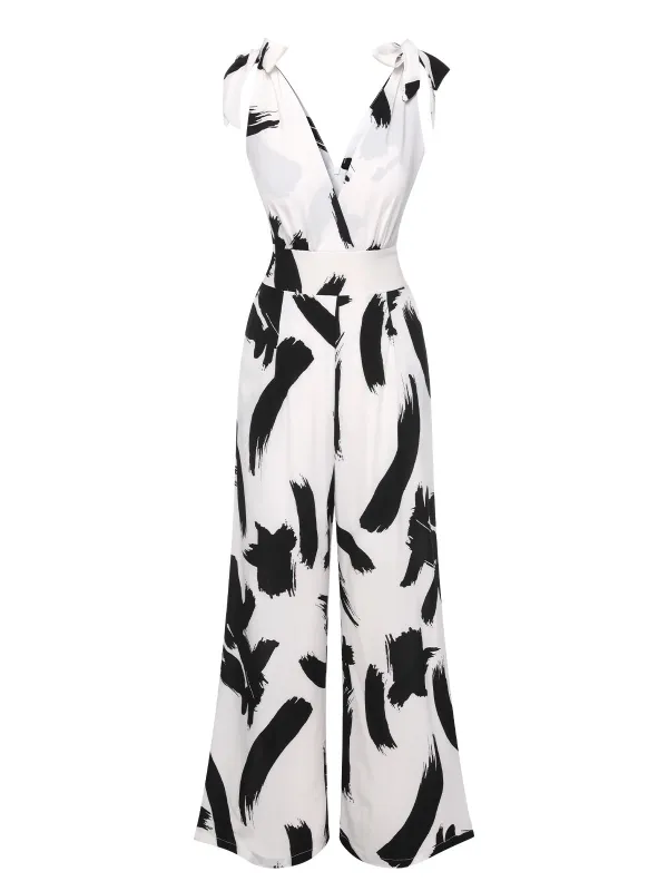 Black & White 1940s V-Neck Bohemian Jumpsuit sold by Retro Stage
