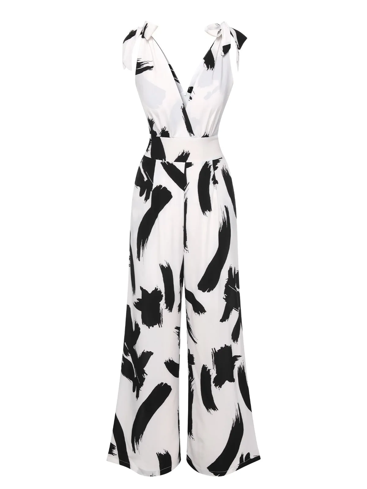 Black & White 1940s V-Neck Bohemian Jumpsuit sold by Retro Stage