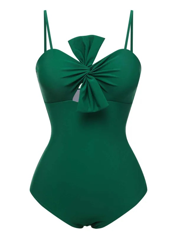 Dark Green 1940s Bow Spaghetti Strap Swimsuit sold by Retro Stage