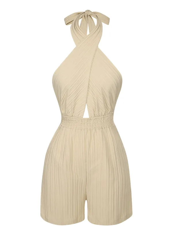 Beige 1950s Texture Folds Cross Halter Romper sold by Retro Stage