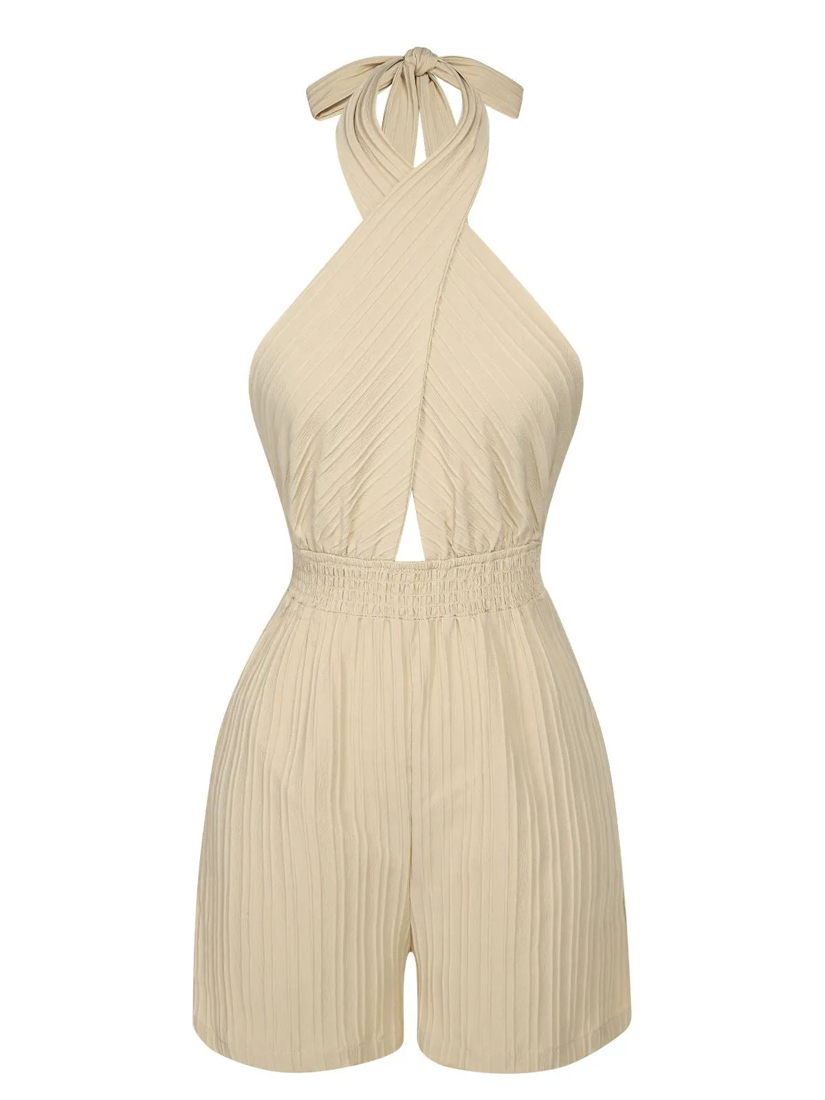 Beige 1950s Texture Folds Cross Halter Romper sold by Retro Stage