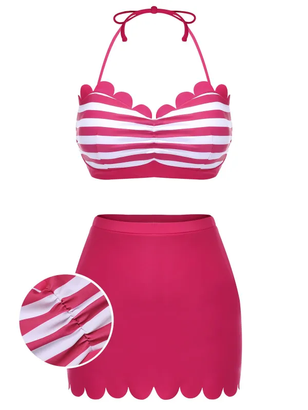 Rose Pink 1960s Stripes Halter Bikini Set sold by Retro Stage