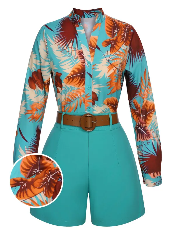 2PCS Blue 1970s Tropical Blouse & Shorts With Belt sold by Retro Stage