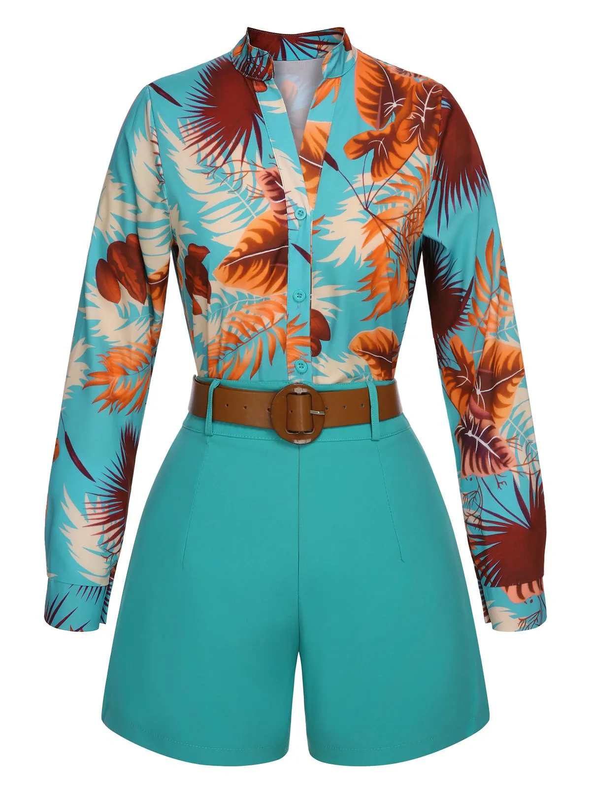 2PCS Blue 1970s Tropical Blouse & Shorts With Belt sold by Retro Stage product image thumbnail 2