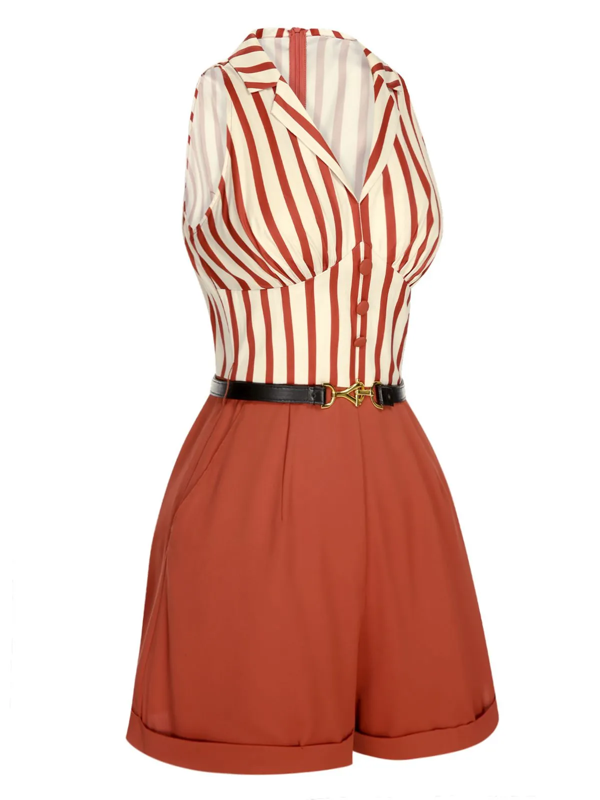 Brick Red 1940s Striped Lapel Romper sold by Retro Stage product image thumbnail 4