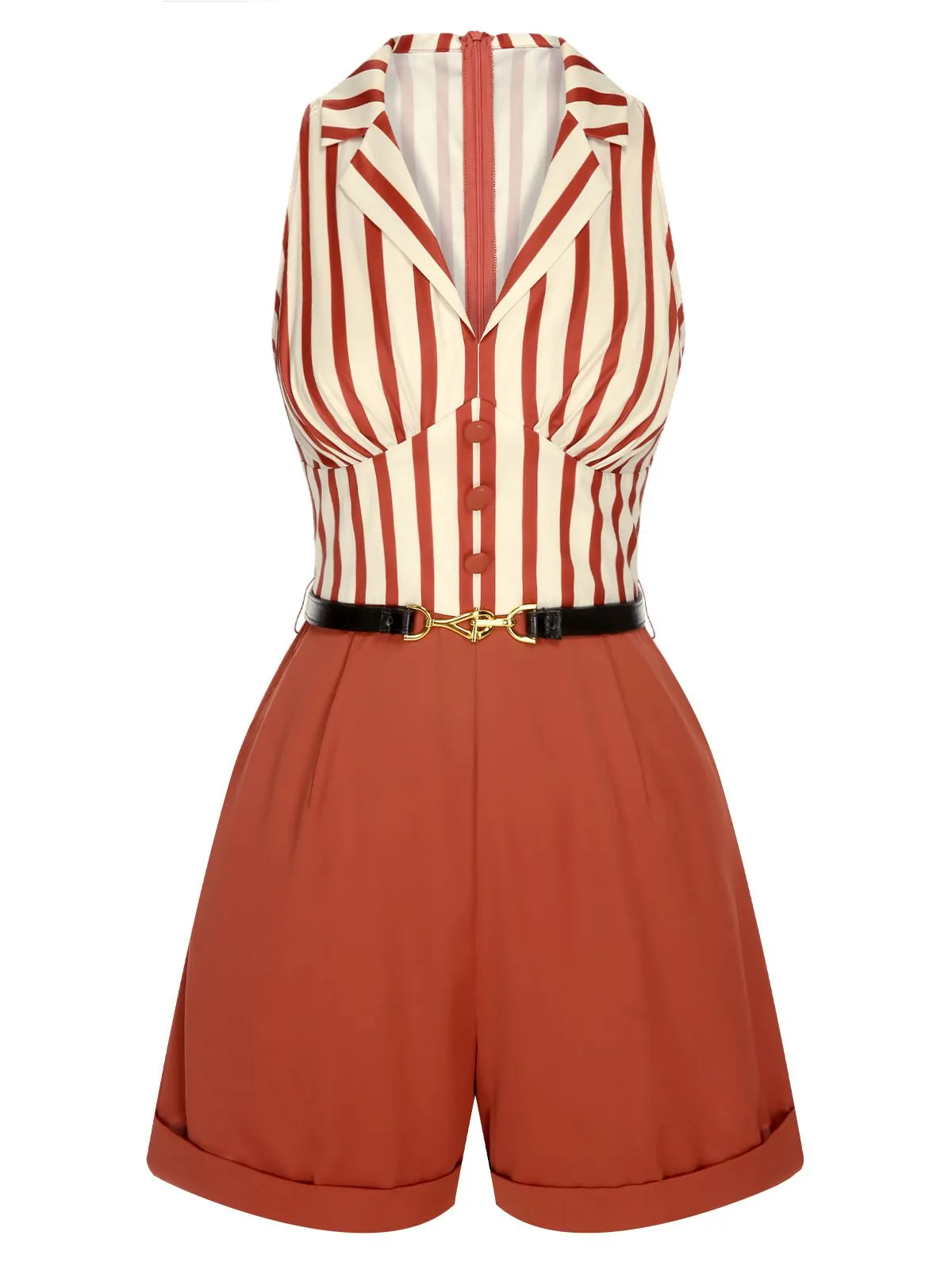 Brick Red 1940s Striped Lapel Romper sold by Retro Stage product image thumbnail 3