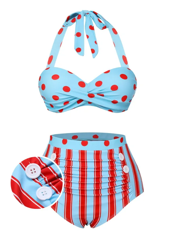 Blue 1940s Polka Dot Stripe Halter Swimsuit sold by Retro Stage