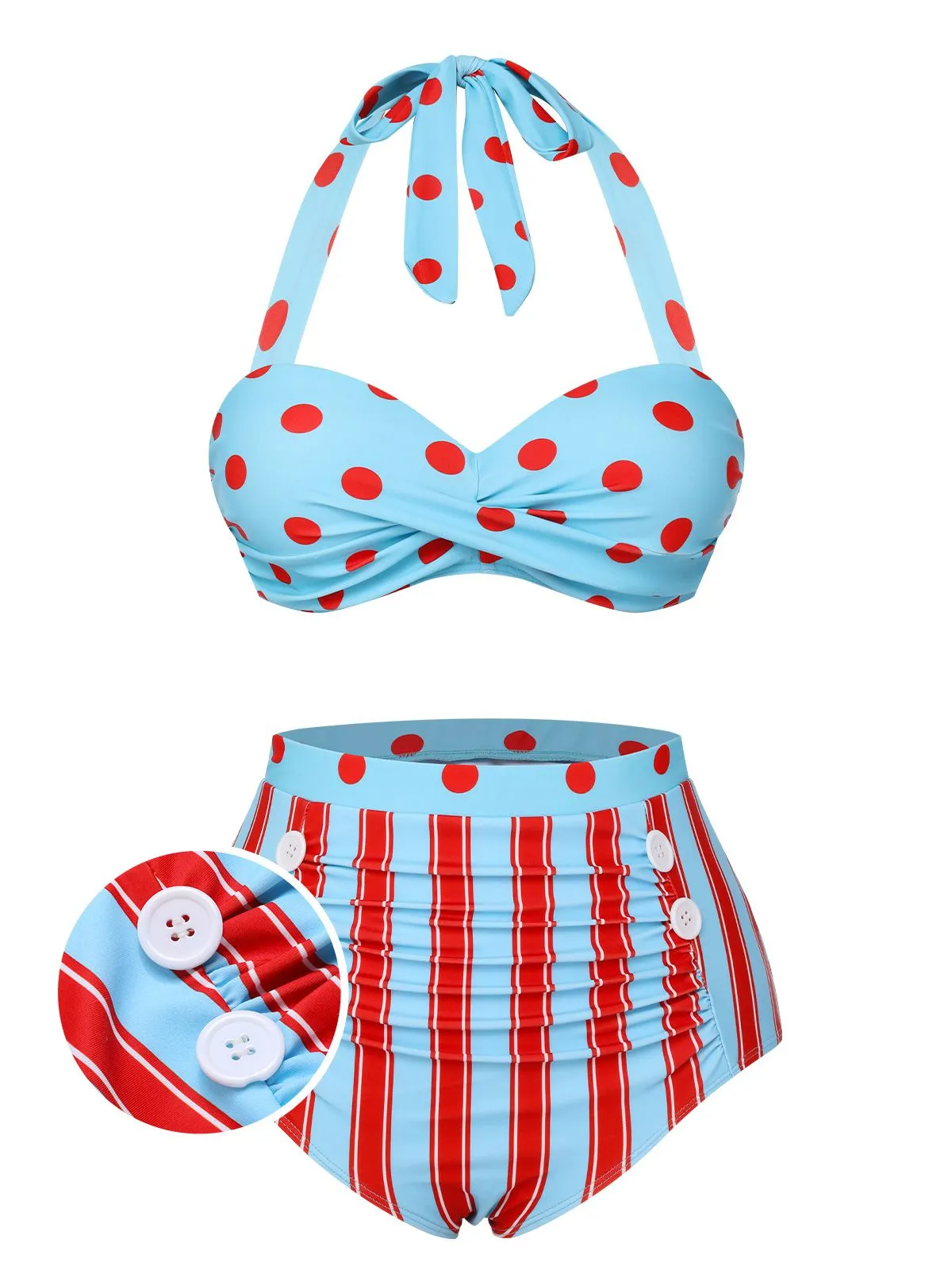 Blue 1940s Polka Dot Stripe Halter Swimsuit sold by Retro Stage