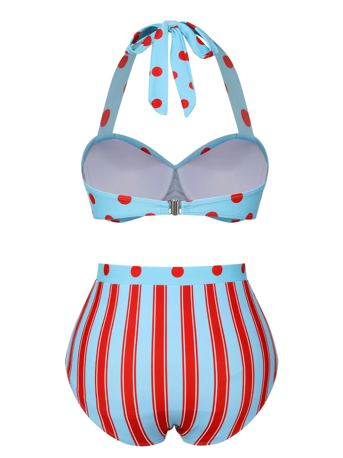 Blue 1940s Polka Dot Stripe Halter Swimsuit sold by Retro Stage product image thumbnail 4