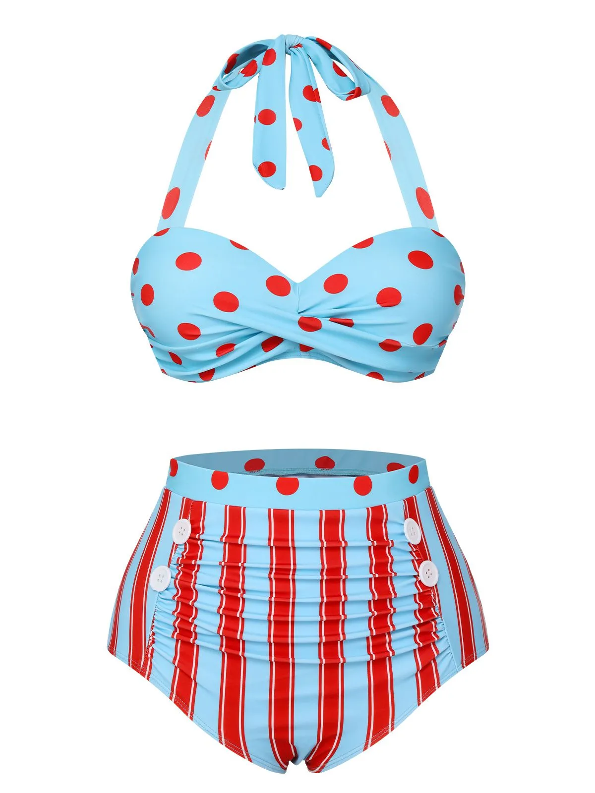 Blue 1940s Polka Dot Stripe Halter Swimsuit sold by Retro Stage product image thumbnail 2