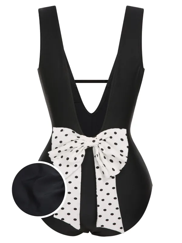 Black 1950s Polka Dot V-Neck Bow Swimsuit sold by Retro Stage
