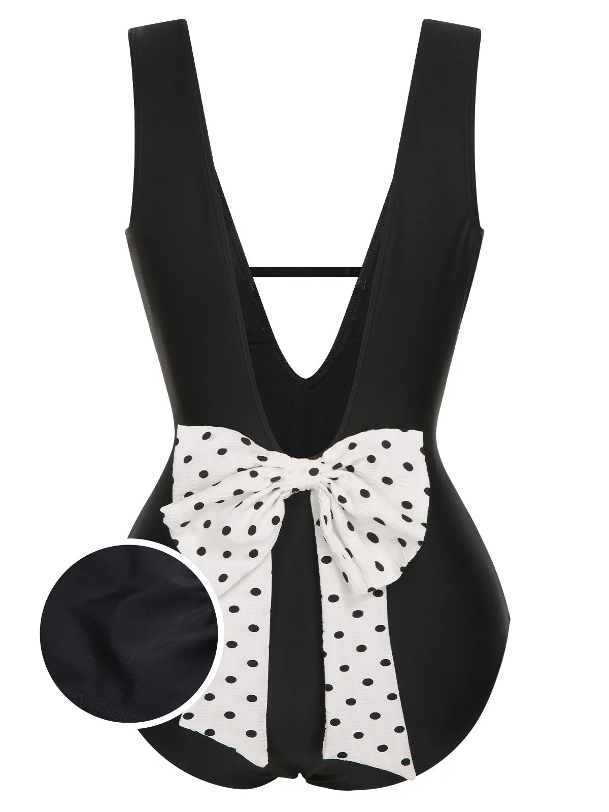 Black 1950s Polka Dot V-Neck Bow Swimsuit sold by Retro Stage