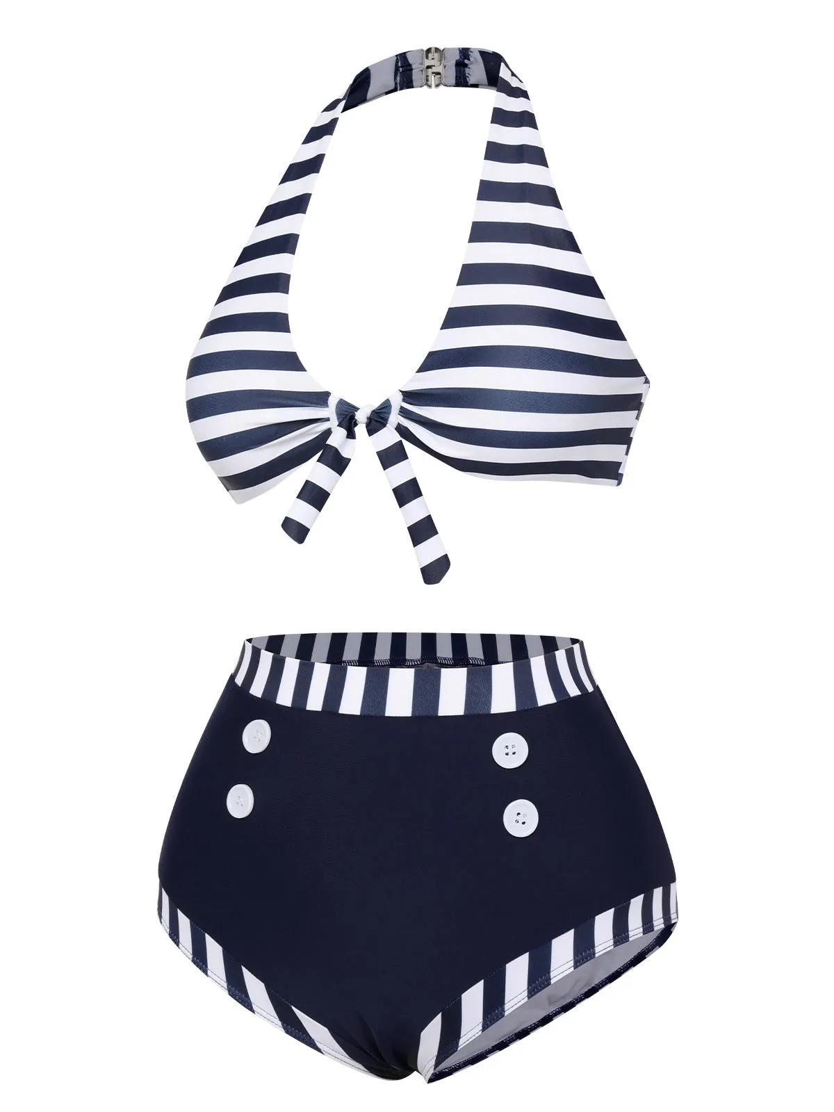 Dark Blue 1930s Stripes Halter Buttons Swimsuit sold by Retro Stage product image thumbnail 3