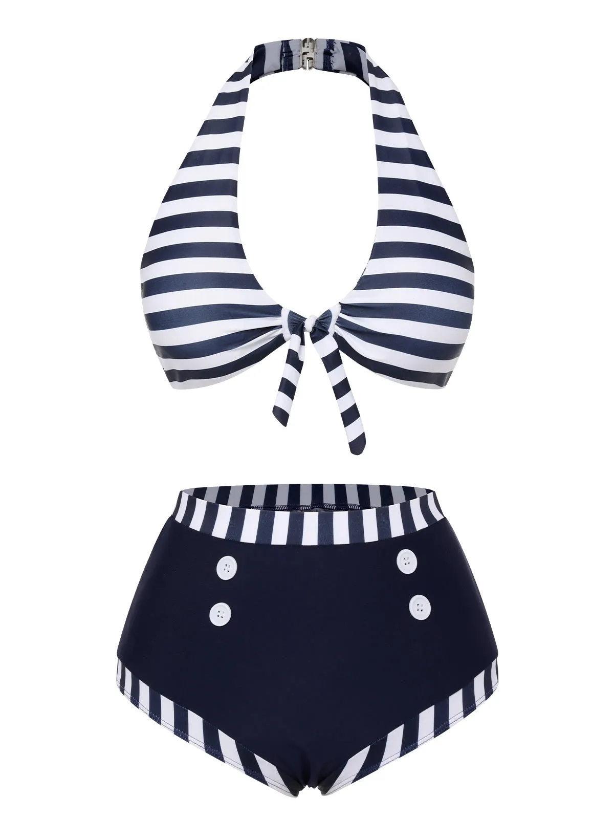 Dark Blue 1930s Stripes Halter Buttons Swimsuit sold by Retro Stage product image thumbnail 2