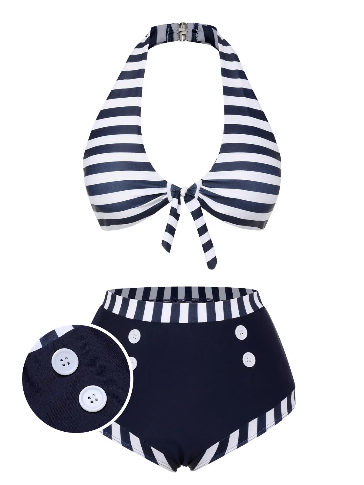 Dark Blue 1930s Stripes Halter Buttons Swimsuit sold by Retro Stage
