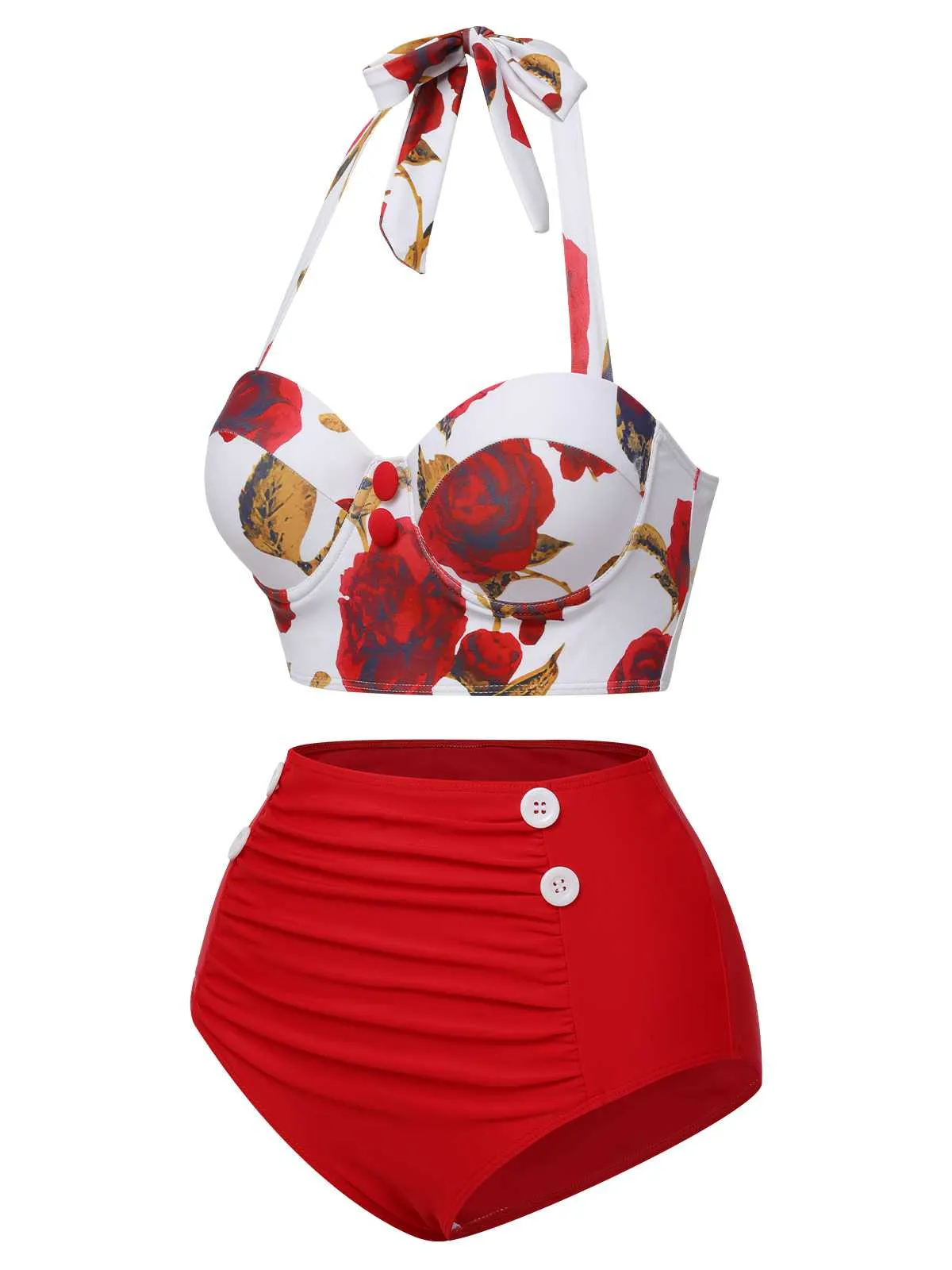 Red 1960s Halter Roses Swimsuit sold by Retro Stage product image thumbnail 3