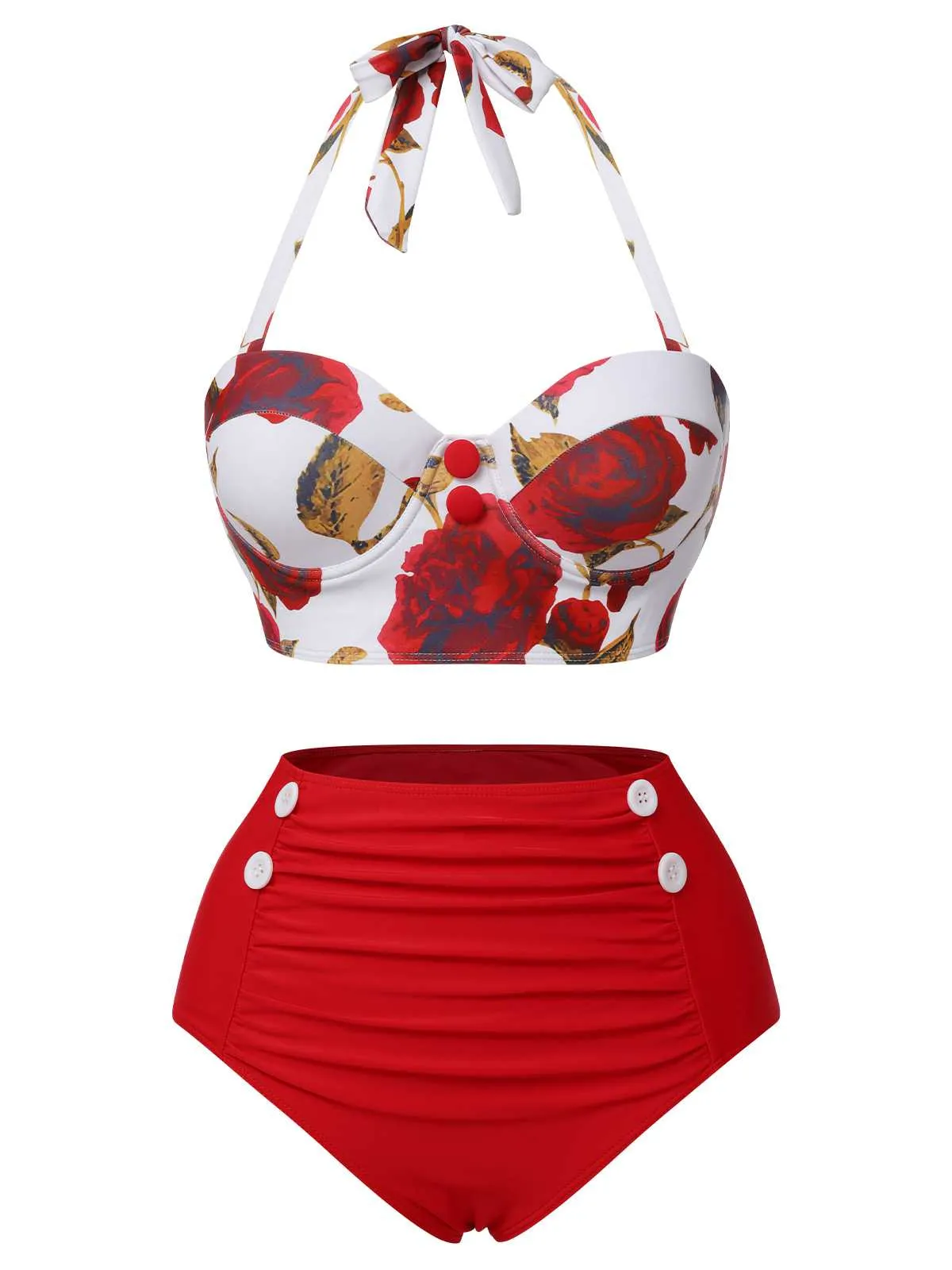 Red 1960s Halter Roses Swimsuit sold by Retro Stage product image thumbnail 2