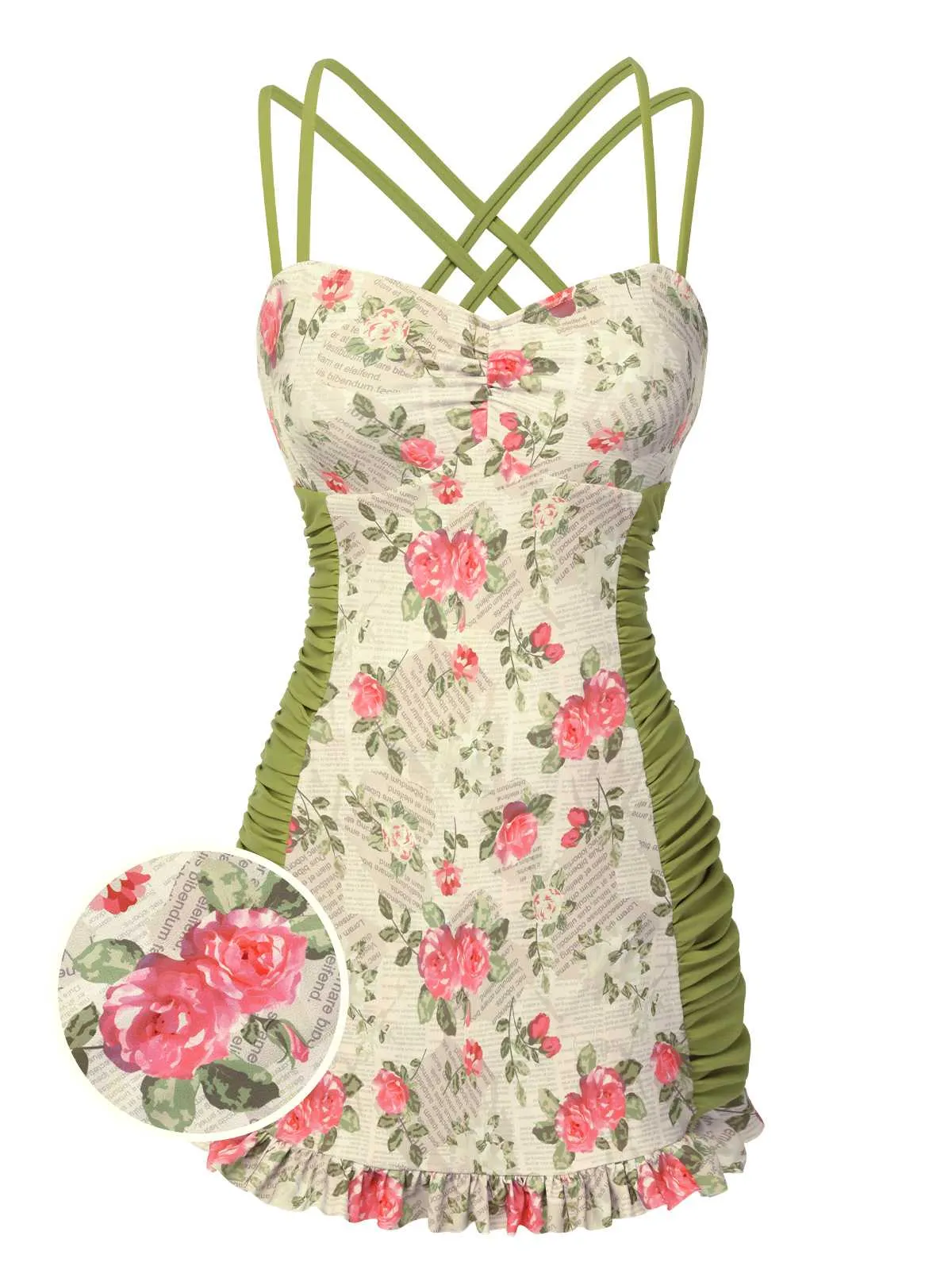 1940s Double Strap Pleated Roses One-Piece Swimsuit sold by Retro Stage