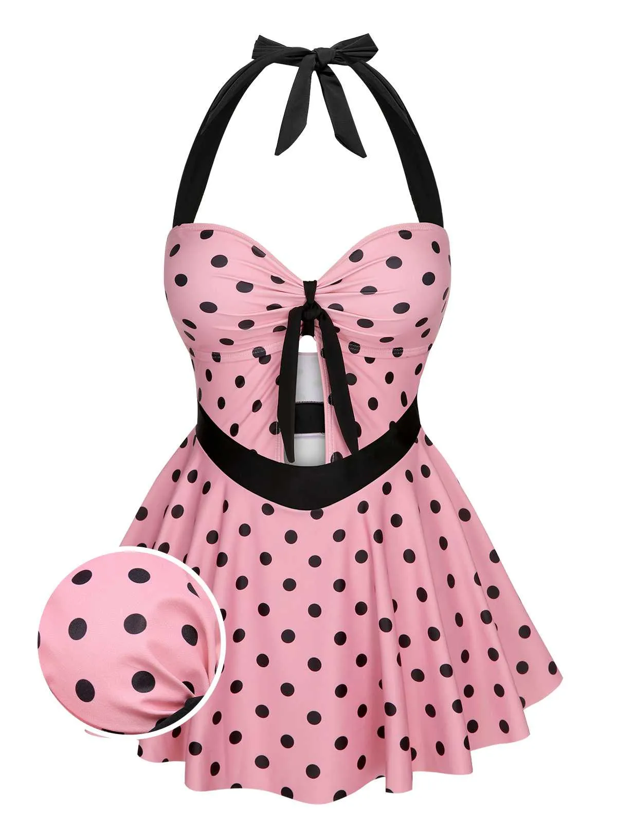 Pink 1950s Halter Polka Dots One-Piece Swimsuit sold by Retro Stage