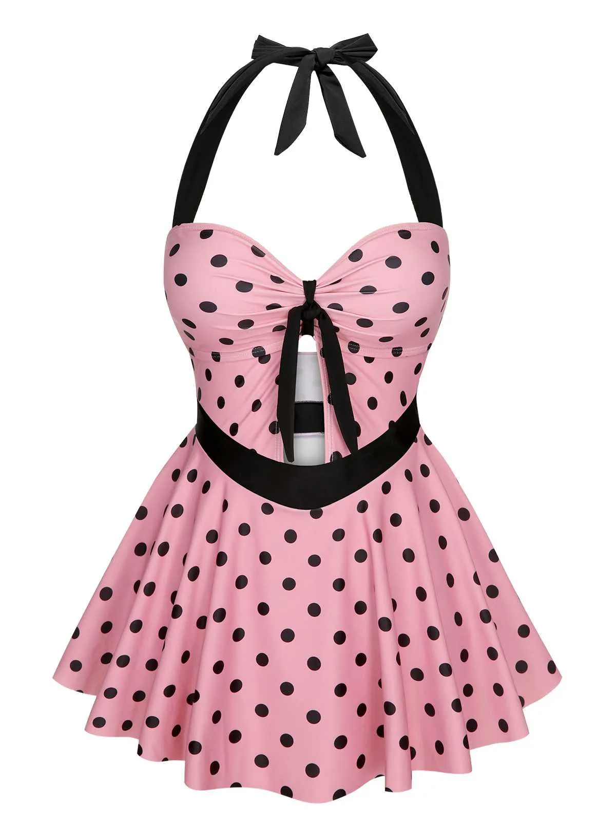 Pink 1950s Halter Polka Dots One-Piece Swimsuit sold by Retro Stage product image thumbnail 2
