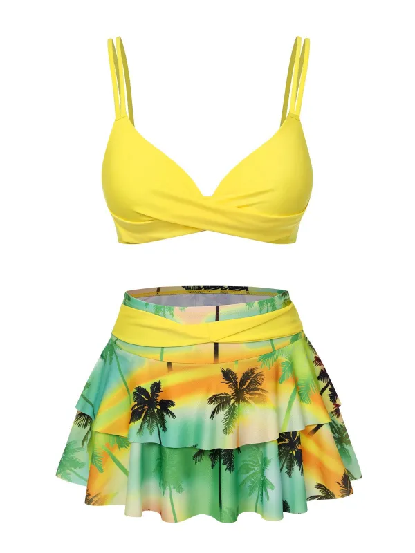 1950s Solid Top & Double Layer Printing Swimsuit sold by Retro Stage