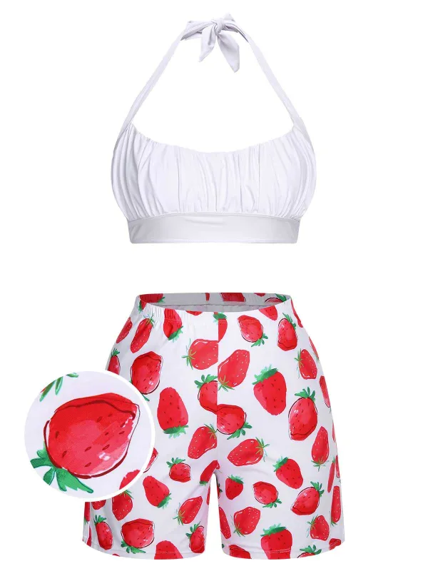 [Plus Size] 1930s Halter Strawberry Swimsuit Set sold by Retro Stage