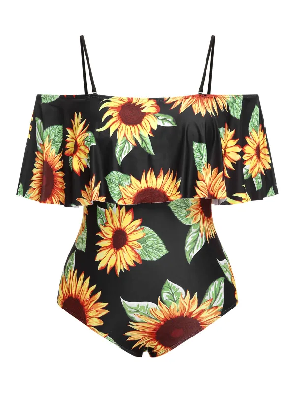 [Plus Size] Black 1940s Sunflower Cold-Shoulder Swimsuit sold by Retro Stage