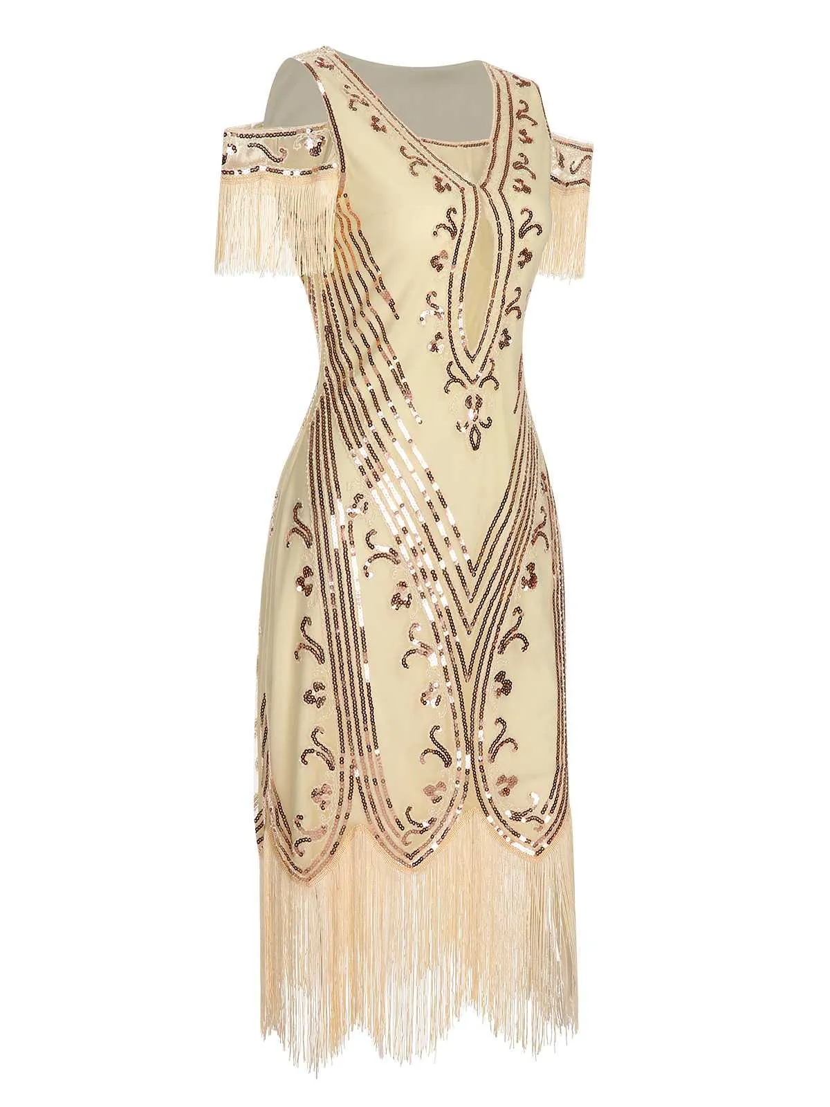 1920s Cold Shoulder Embroidered Fringe Sequins Dress sold by Retro Stage product image thumbnail 2