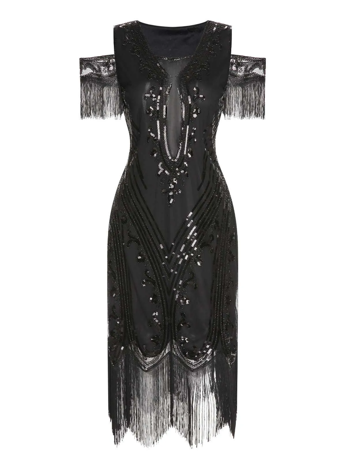 1920s Cold Shoulder Embroidered Fringe Sequins Dress sold by Retro Stage product image thumbnail 5