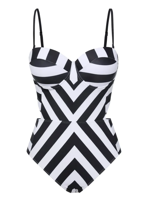 1960s Black White Contrast Stripes Swimsuit sold by Retro Stage