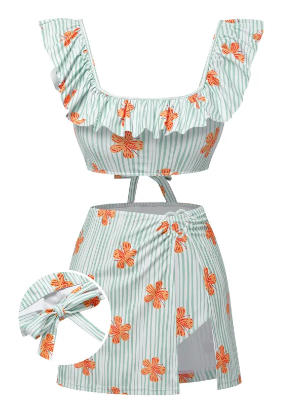 Light Green 1950s Floral Stripe Swimsuit & Skirt Cover-Up sold by Retro Stage