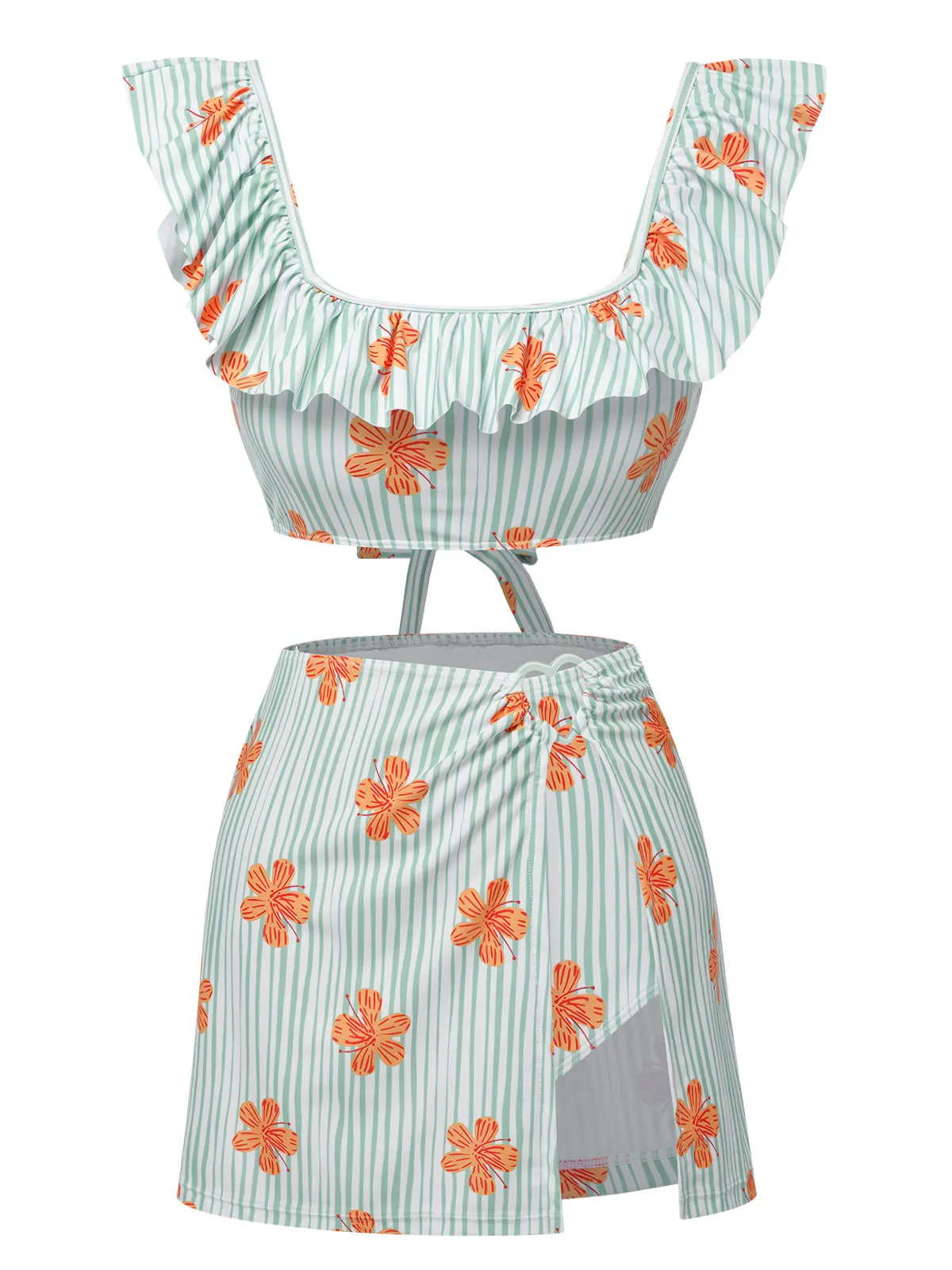Light Green 1950s Floral Stripe Swimsuit & Skirt Cover-Up sold by Retro Stage product image thumbnail 2