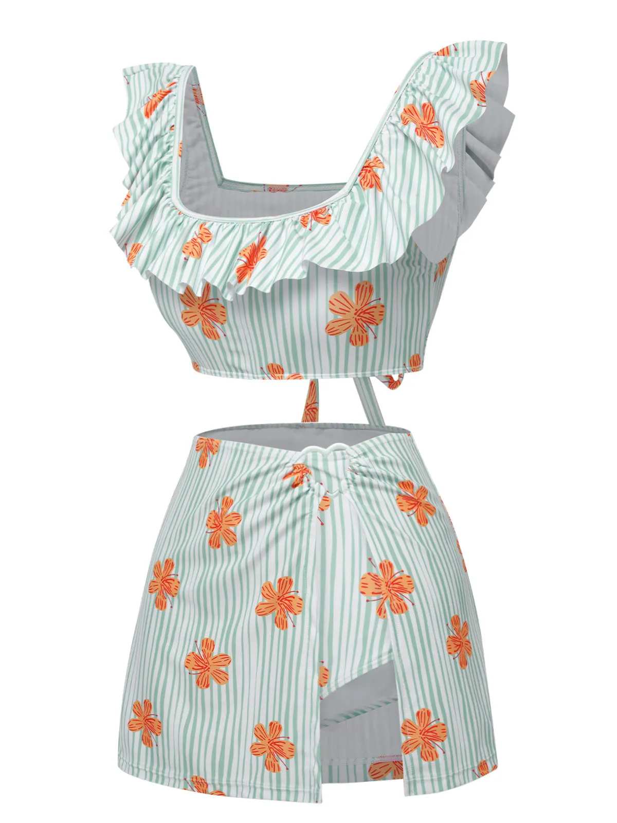 Light Green 1950s Floral Stripe Swimsuit & Skirt Cover-Up sold by Retro Stage product image thumbnail 3