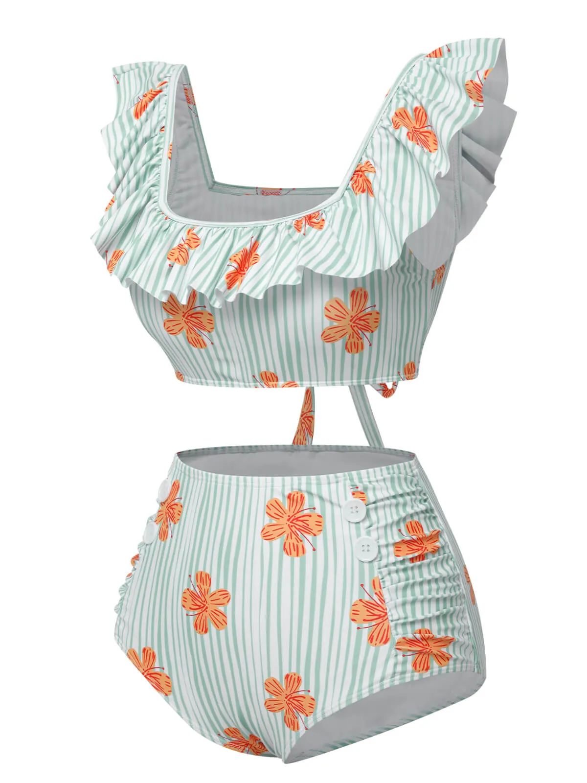 Light Green 1950s Floral Stripe Ruffle Swimsuit sold by Retro Stage product image thumbnail 3
