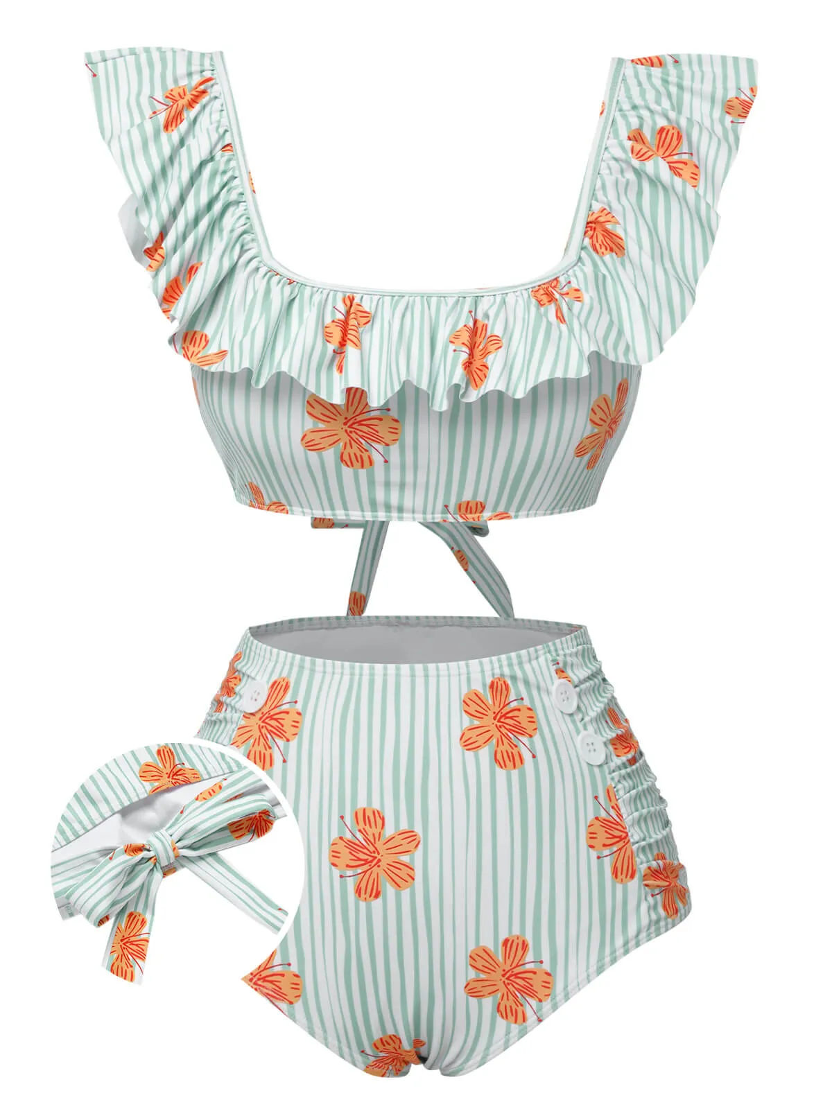 Light Green 1950s Floral Stripe Ruffle Swimsuit sold by Retro Stage