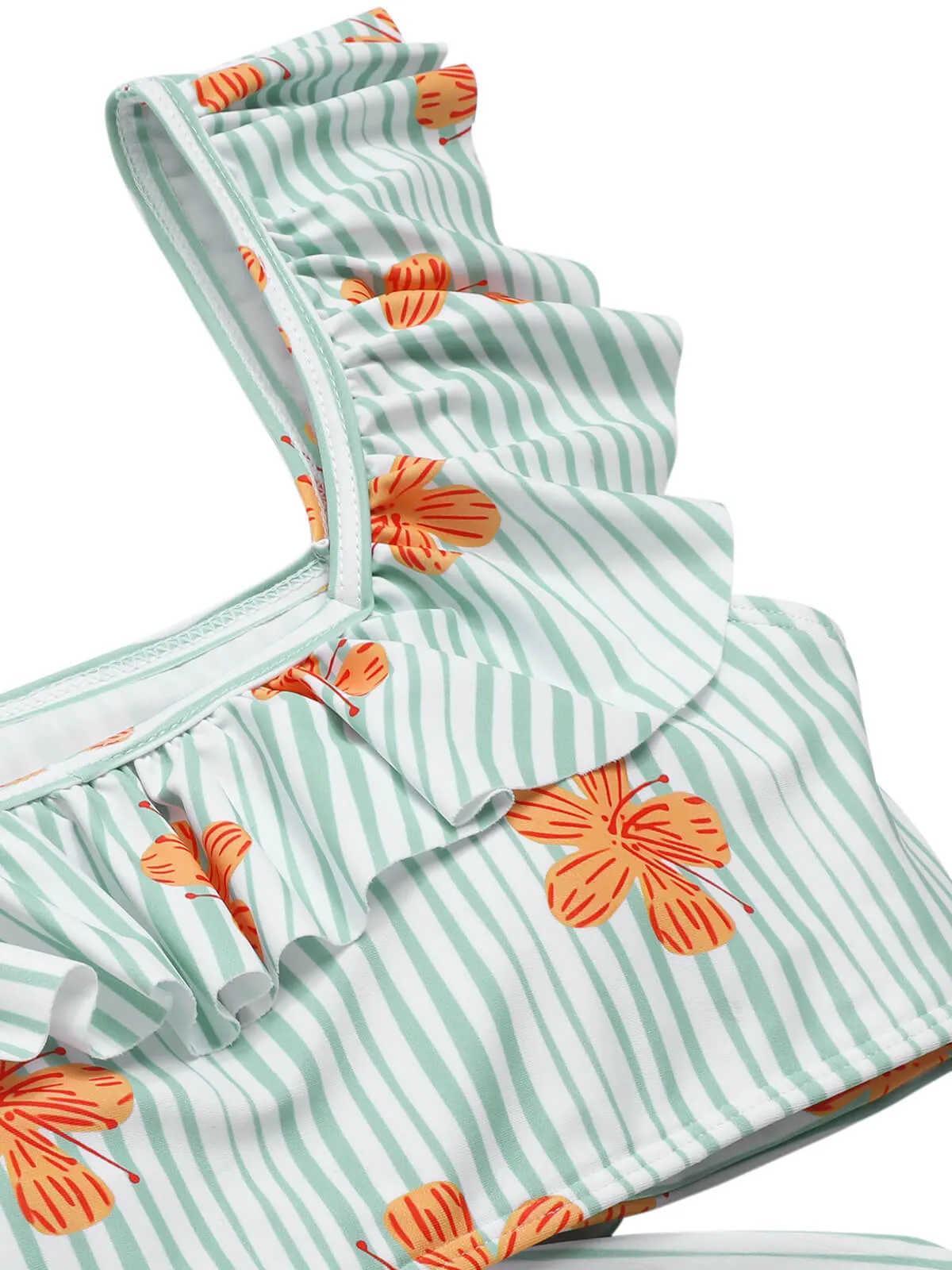 Light Green 1950s Floral Stripe Ruffle Swimsuit sold by Retro Stage product image thumbnail 5