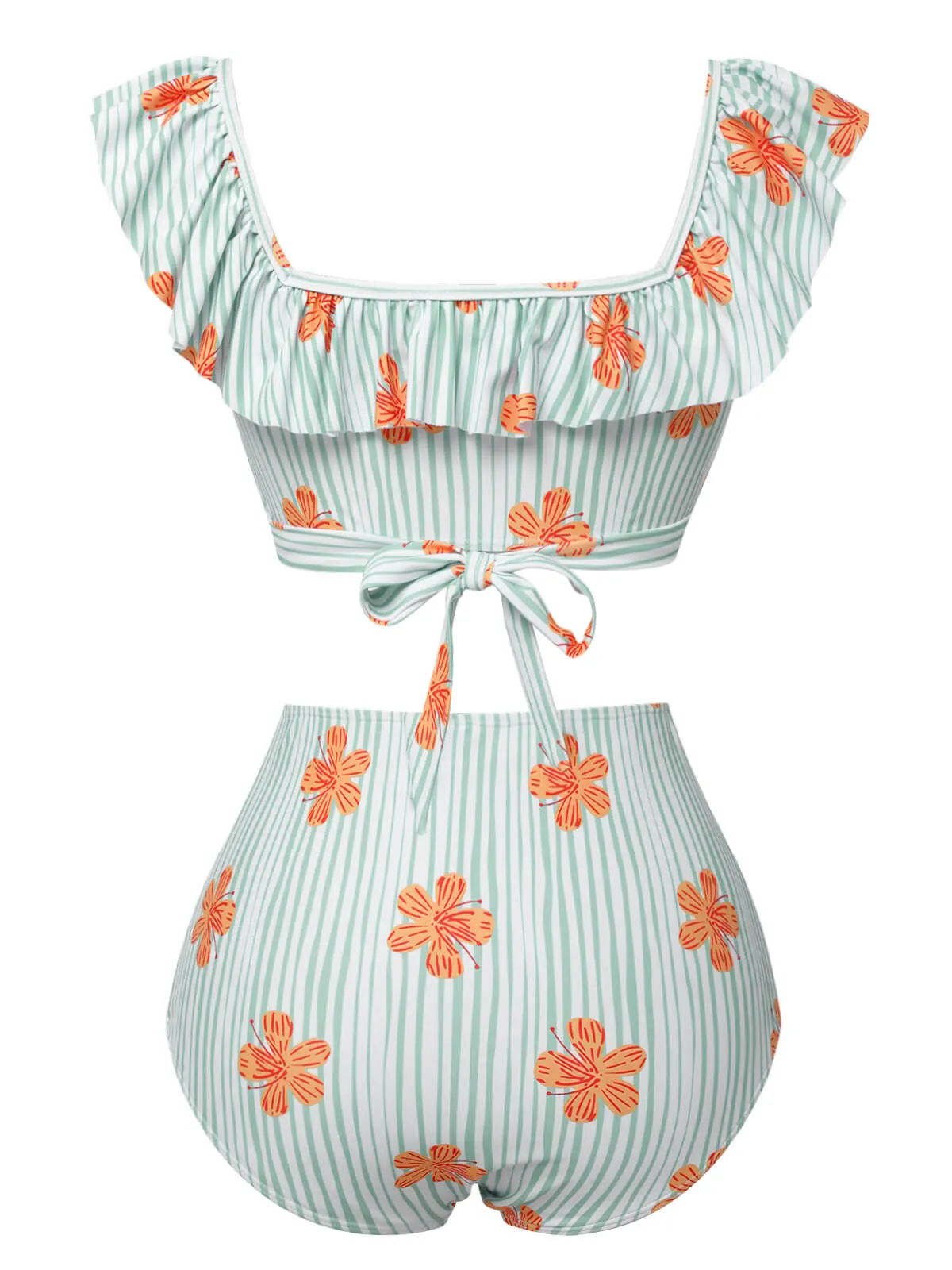Light Green 1950s Floral Stripe Ruffle Swimsuit sold by Retro Stage product image thumbnail 4