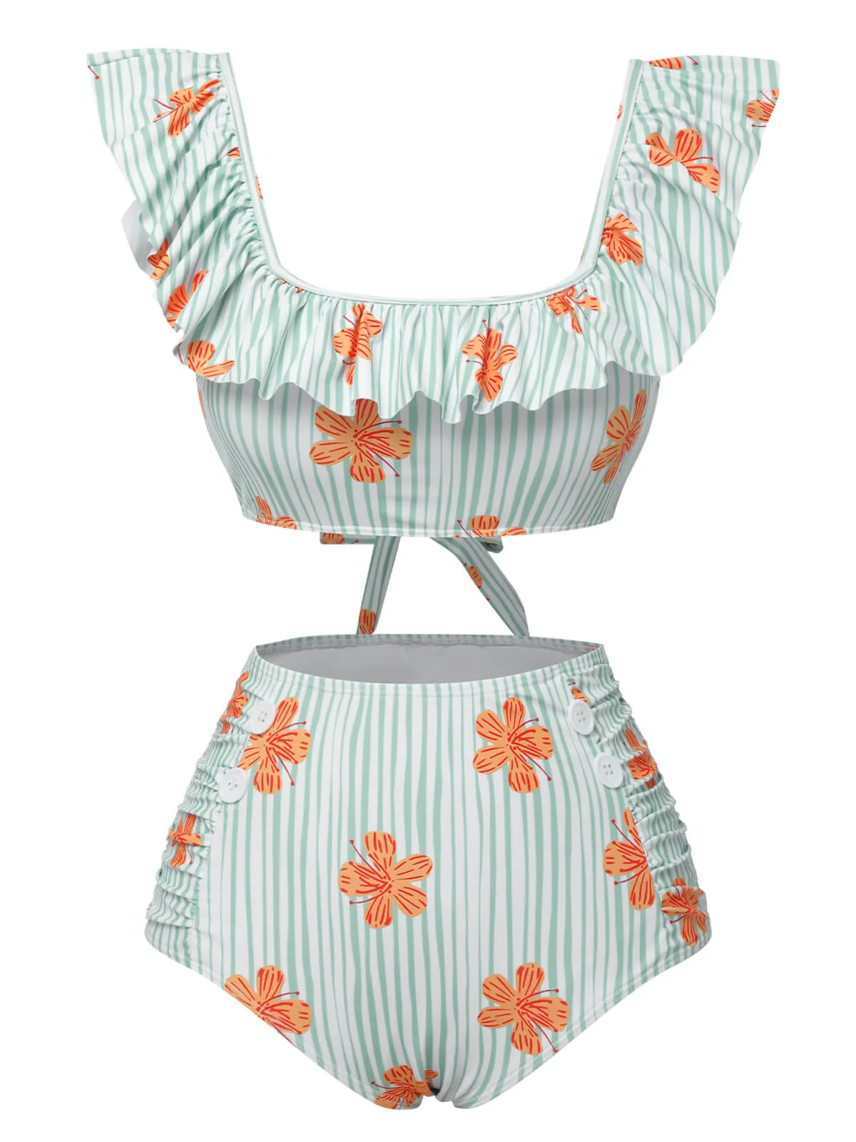 Light Green 1950s Floral Stripe Ruffle Swimsuit sold by Retro Stage product image thumbnail 2