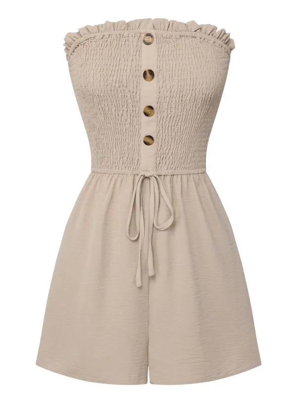 Beige 1950s Solid Smocking Strapless Romper sold by Retro Stage