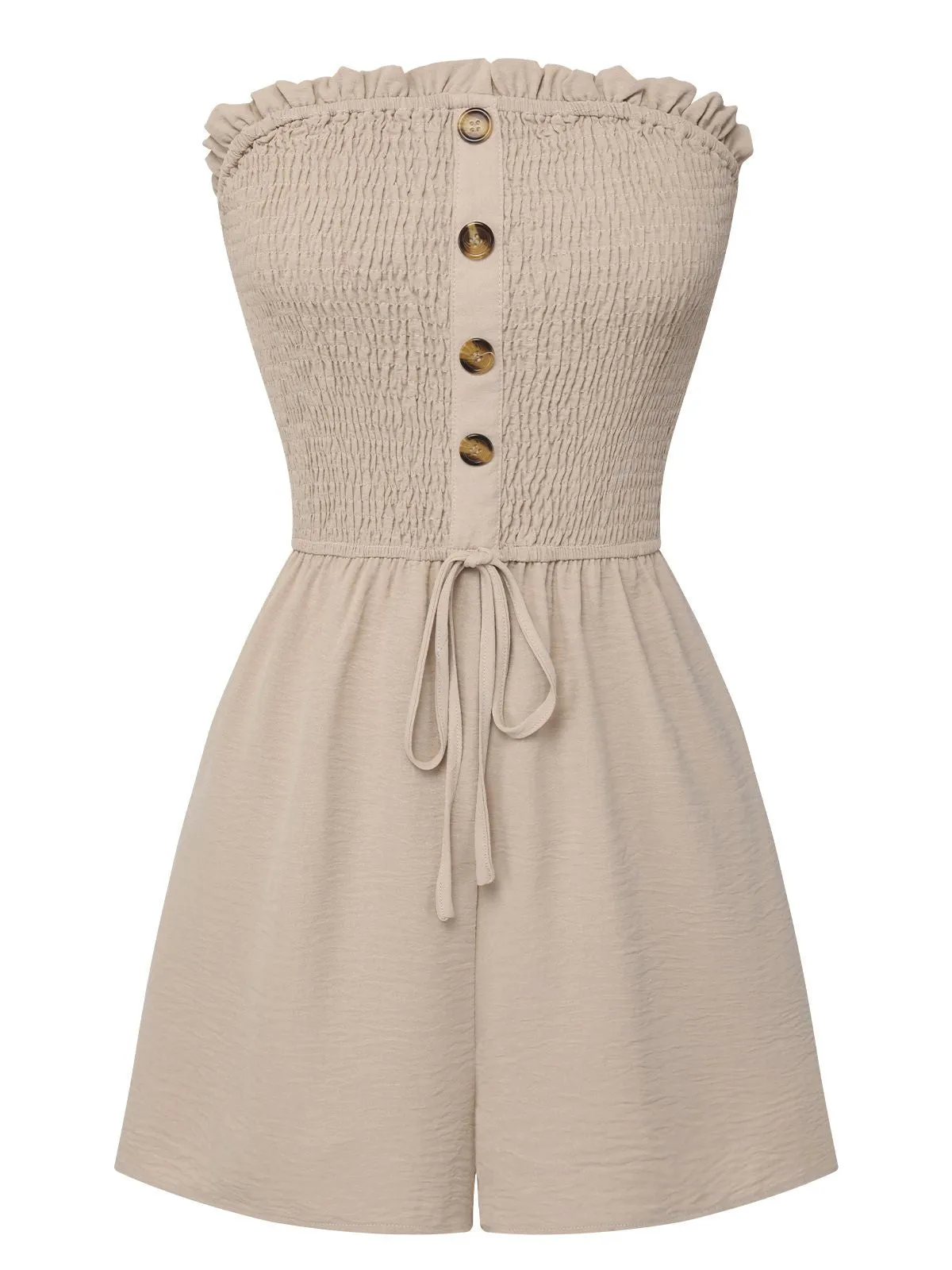 Beige 1950s Solid Smocking Strapless Romper sold by Retro Stage