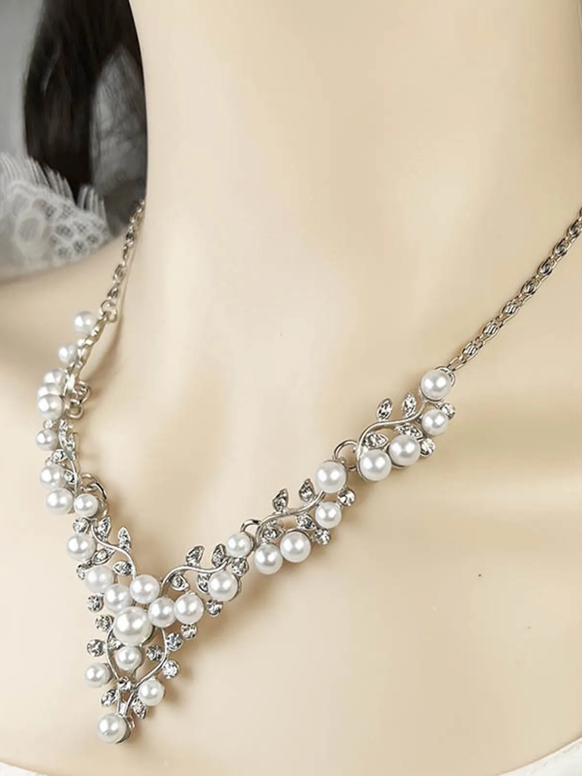 White Pearl Rhinestone Leaves Necklace & Earring Set sold by Retro Stage product image thumbnail 4