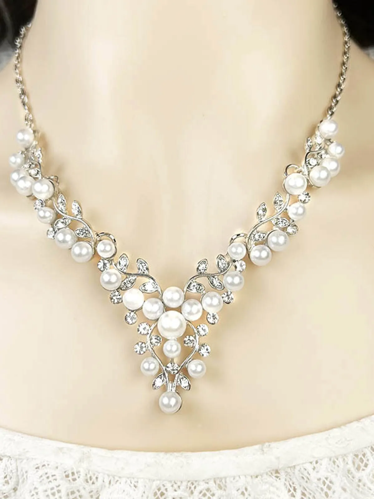 White Pearl Rhinestone Leaves Necklace & Earring Set sold by Retro Stage product image thumbnail 2