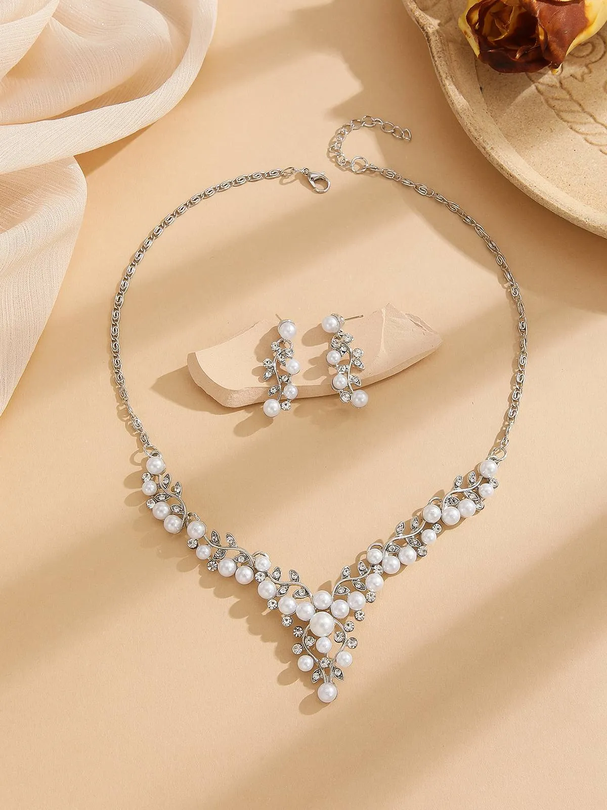 White Pearl Rhinestone Leaves Necklace & Earring Set sold by Retro Stage