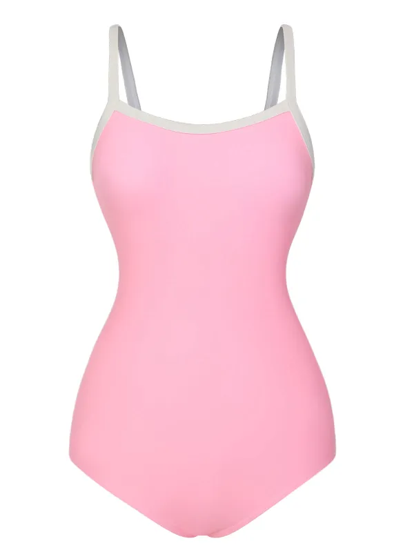 Pink & White 1950s U-Back Strap Swimsuit sold by Retro Stage