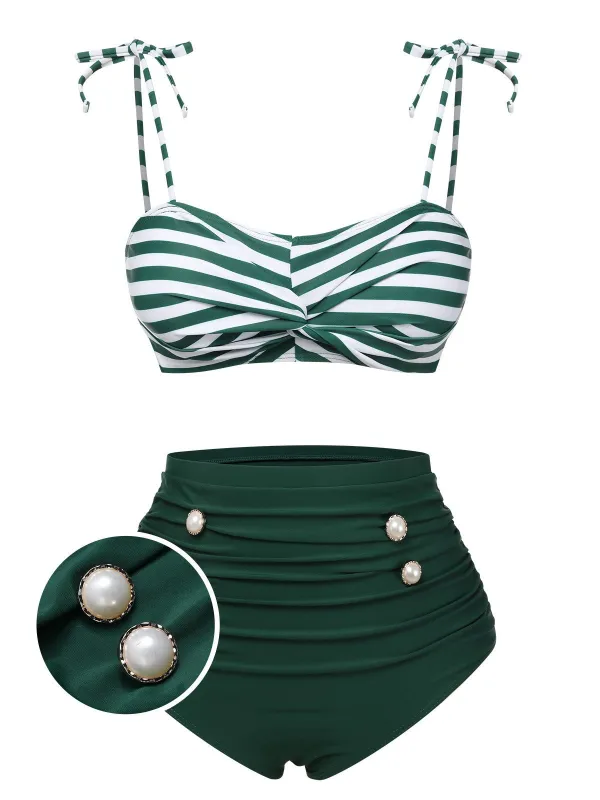 Green 1960s Stripe Shoulder Straps Swimsuit sold by Retro Stage